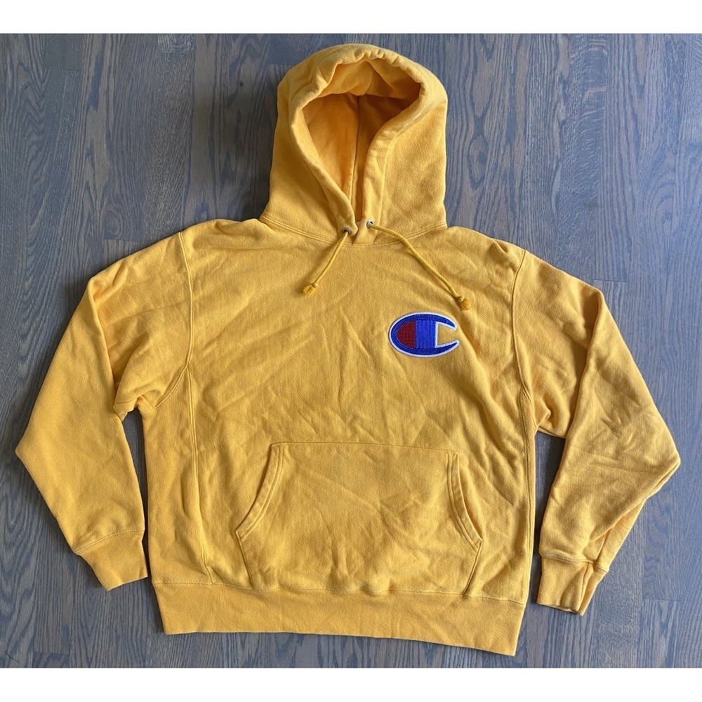Champion Reverse Weave Hoodie Sweatshirt Logo Embroidered Men Size Large Yellow